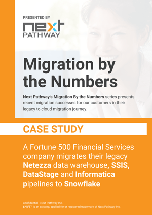 A Fortune 500 financial services company migrates their Legacy Netezza, SSIS, DataStage and Informatica Pipelines to Snowflake v2