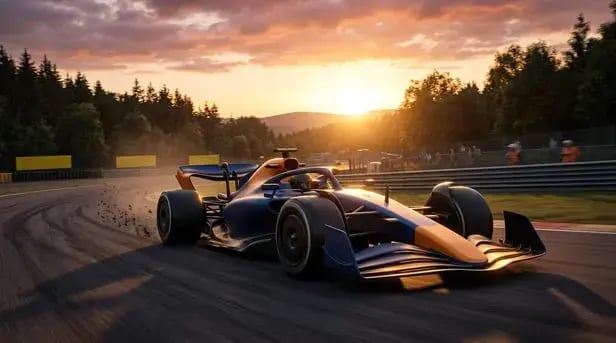 Firefly_Formula racing car on a race track during golden hour sunset, warm sunlight, cinemati 206216